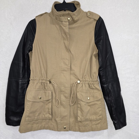 H&M Jackets & Blazers - H&M Utility Jacket Faux Leather Sleeves Full Zip Workwear Pockets Polyester Sz 6
